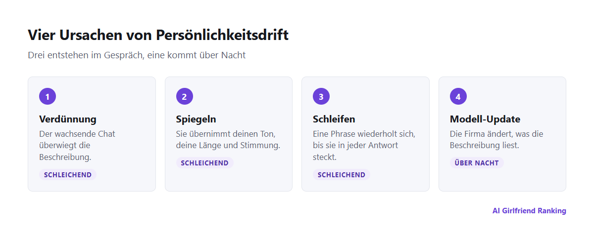 Vier Ursachen von Persönlichkeitsdrift: Verdünnung durch ein langes Gespräch, Spiegeln der Nutzerin oder des Nutzers, Wiederholungsschleifen und Modell-Updates des Unternehmens