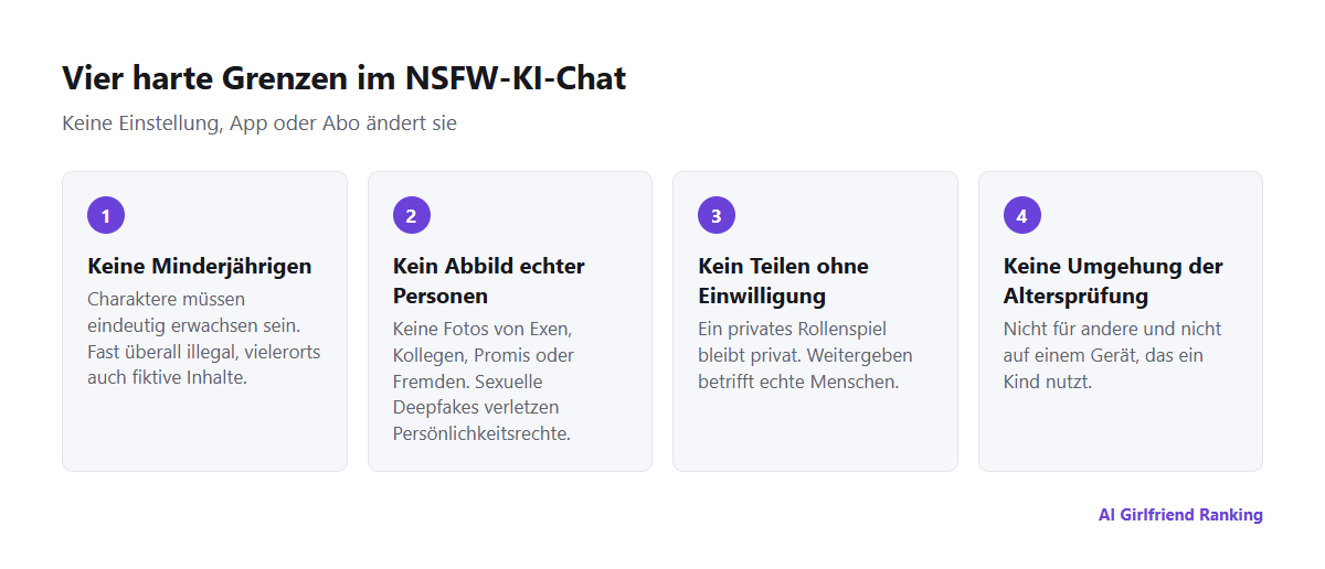 Vier harte Grenzen im NSFW-KI-Chat: keine Minderjährigen, kein Abbild echter Personen, kein Teilen ohne Einwilligung und keine Umgehung der Altersprüfung