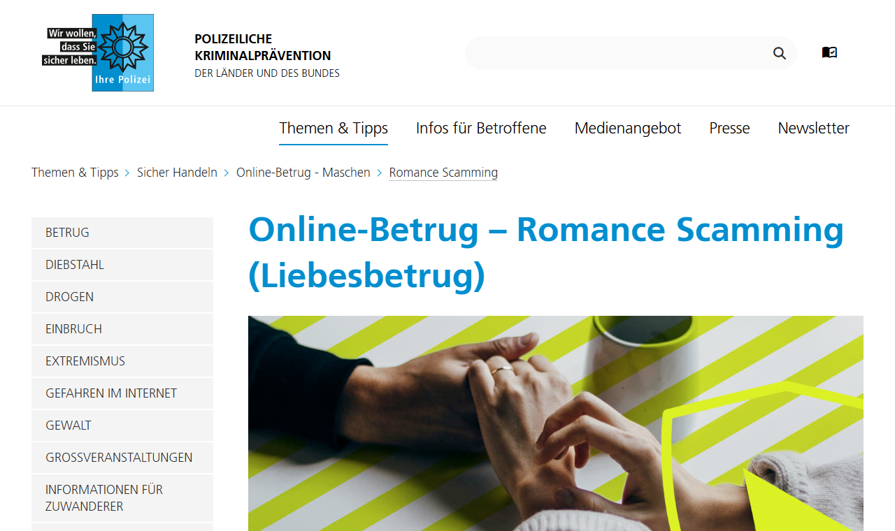 Die Seite der Polizeilichen Kriminalprävention zu Romance Scamming mit Hinweisen für Betroffene