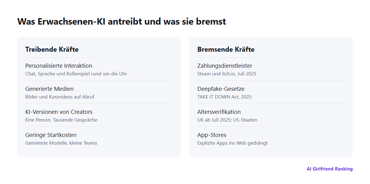 Kräfte, die KI in der Erwachsenenbranche prägen: Personalisierung, generierte Medien und KI-Klone treiben sie voran; Zahlungsdienstleister, Deepfake-Gesetze, Alterskontrollen und App-Stores bremsen sie