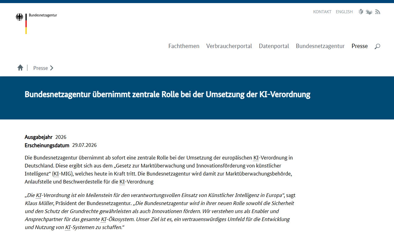 Pressemitteilung der Bundesnetzagentur zum KI-Marktüberwachungsgesetz