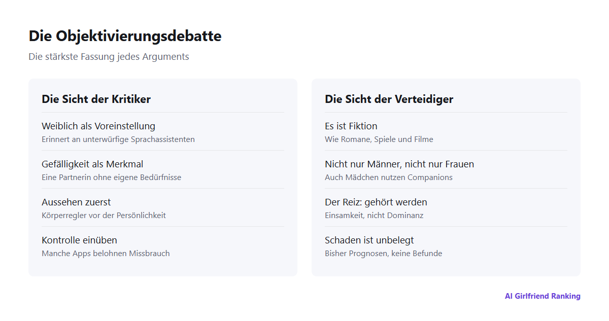 Zwei Spalten mit den stärksten Argumenten beider Seiten der Objektivierungsdebatte um KI-Freundinnen